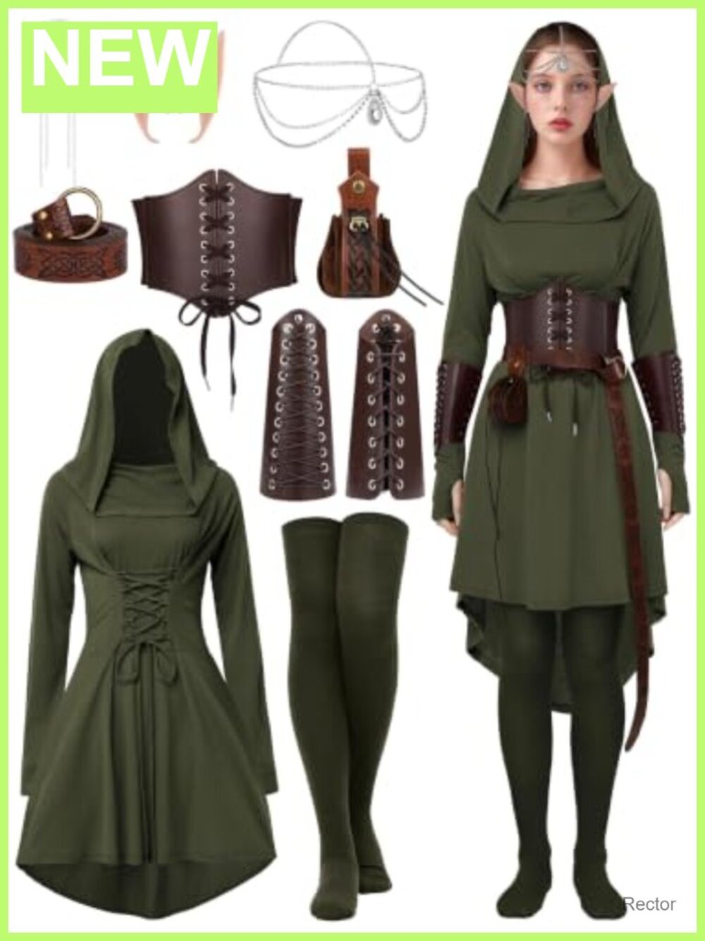 10 Pc Renaissance Halloween Fairy Costume Hooded Elf Dress PU Leather Corset